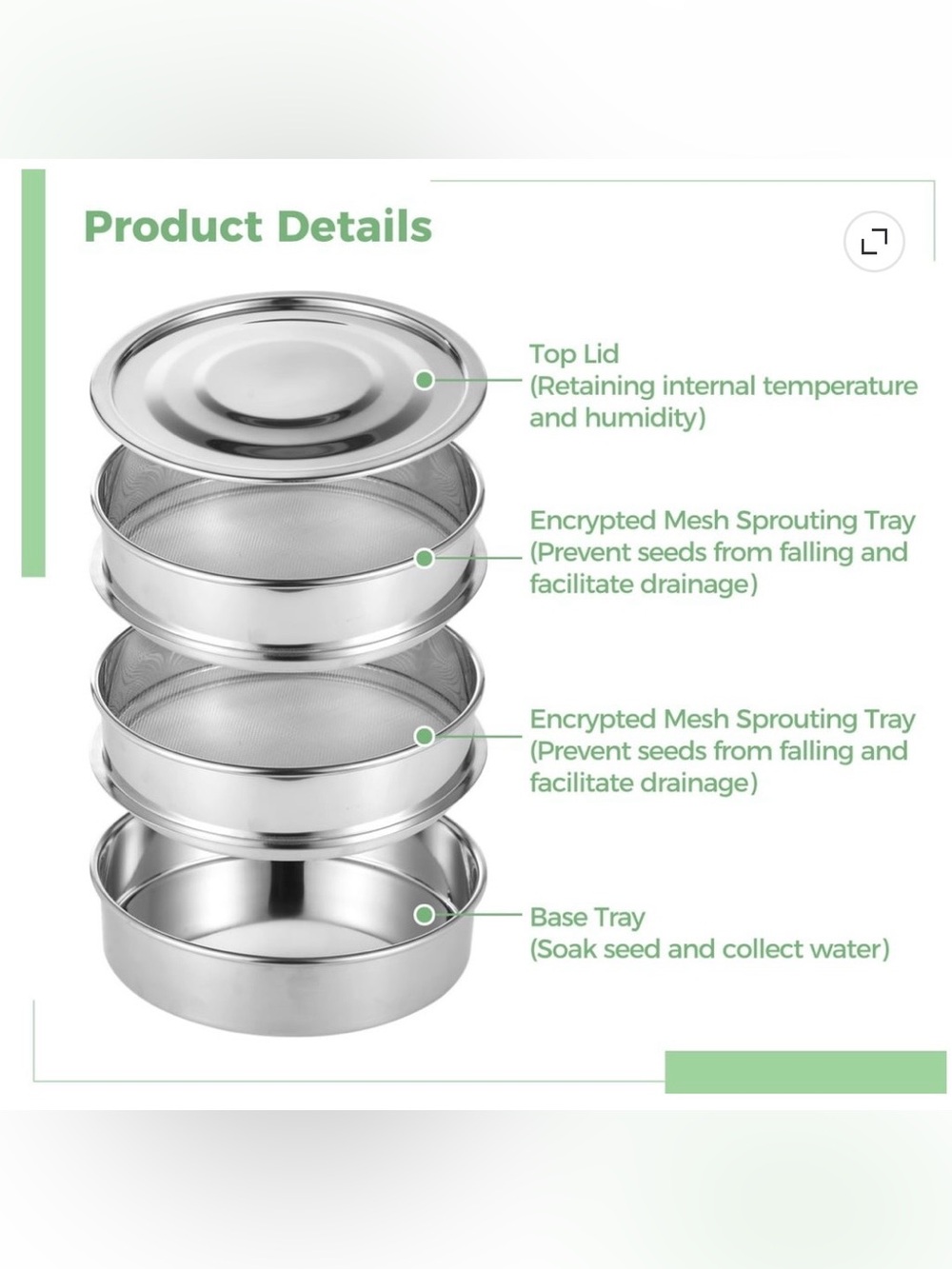 Stainless Steel, 3-Tier Stackable Sprouting Kit w/Encrypted Mesh - Picture 2 of 9